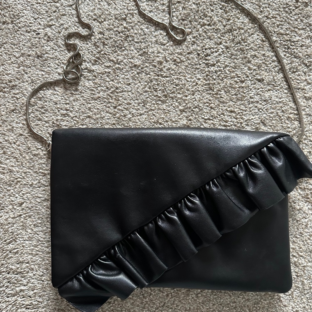 Black Frill Faux Leather Express Bag